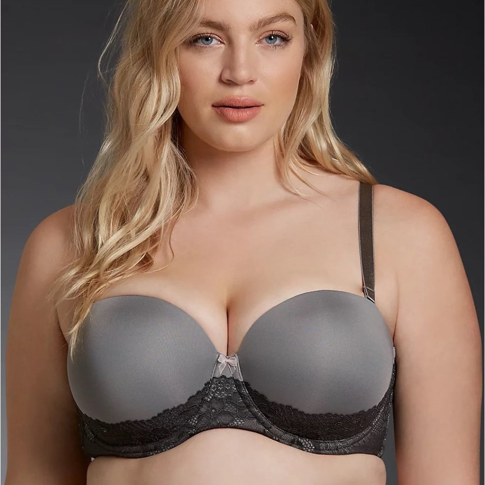 Torrid NWT 38C Push Up Strapless Microfiber & Lace Bra Grey/Black